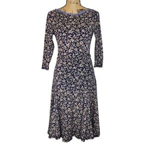 LRL Lauren Jeans Co Ribbed Knit T-Shirt Navy Floral Fit and Flare Dress Size XS